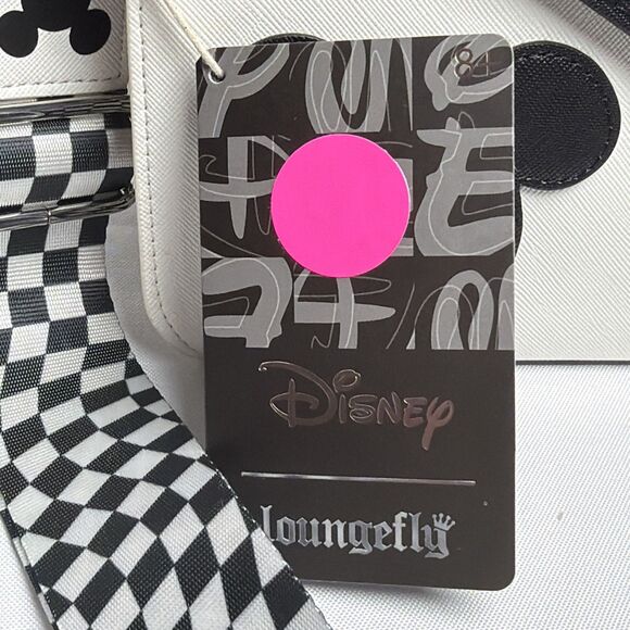 Disney Loungefly Mickey Mouse Black White Crossbody Bag Checker Strap NWT - Picture 4 of 16